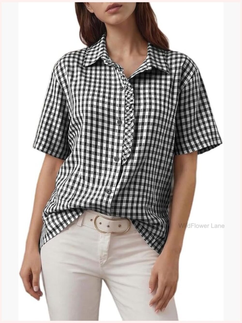 Short Sleeve Button Down Checkered Blouse Ruffle Top